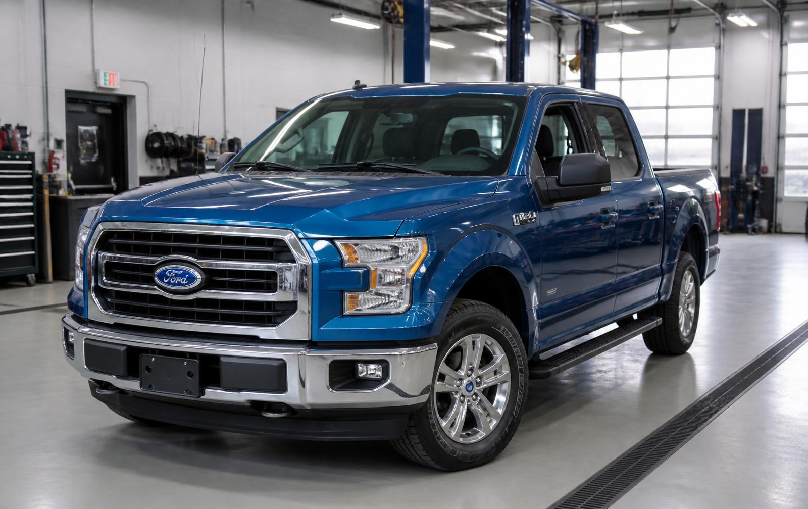 Camioneta Ford F-150 azul dentro del taller