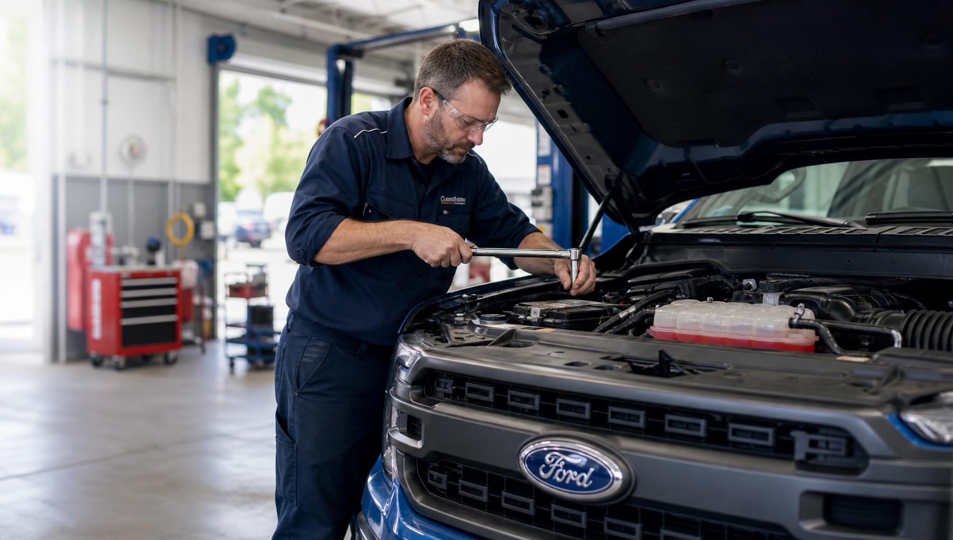 Mecánico trabajando con llave de torque en el motor de una camioneta Ford con el capó abierto